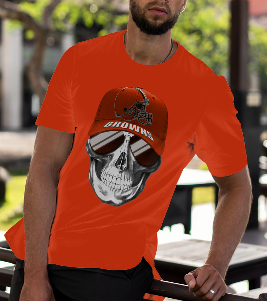 Cleveland Browns Skull Hat With Football Helmet Icon On Bright Orange T-Shirt