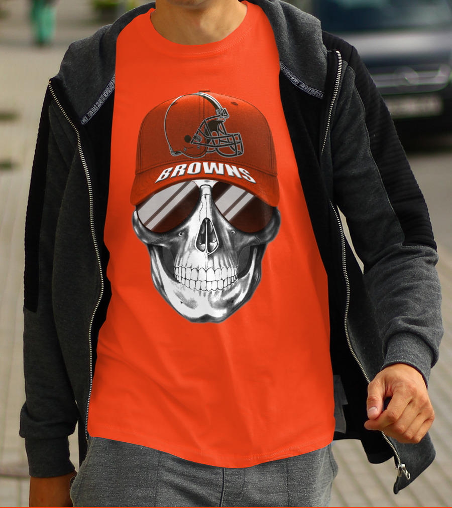 Cleveland Browns Skull Hat With Football Helmet Icon On Bright Orange T-Shirt