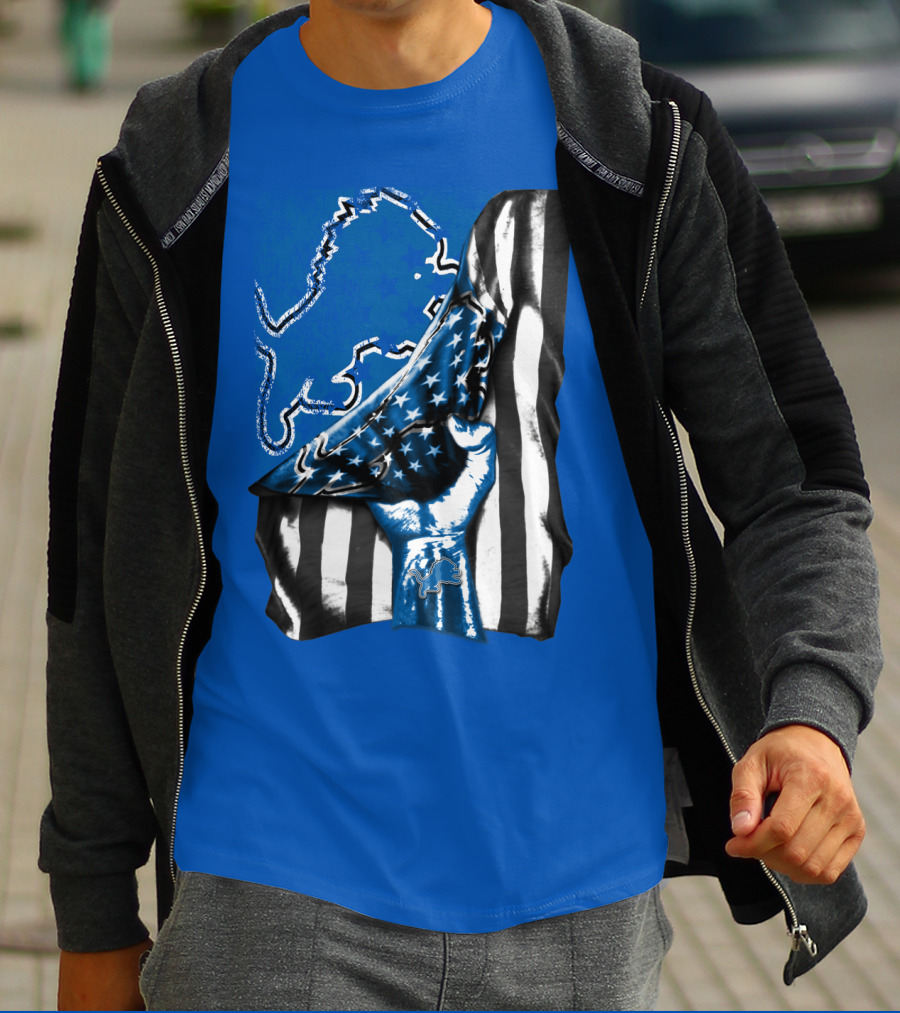 Detroit Lions Blue Lion Silhouette With American Flag Fist On Blue T-Shirt