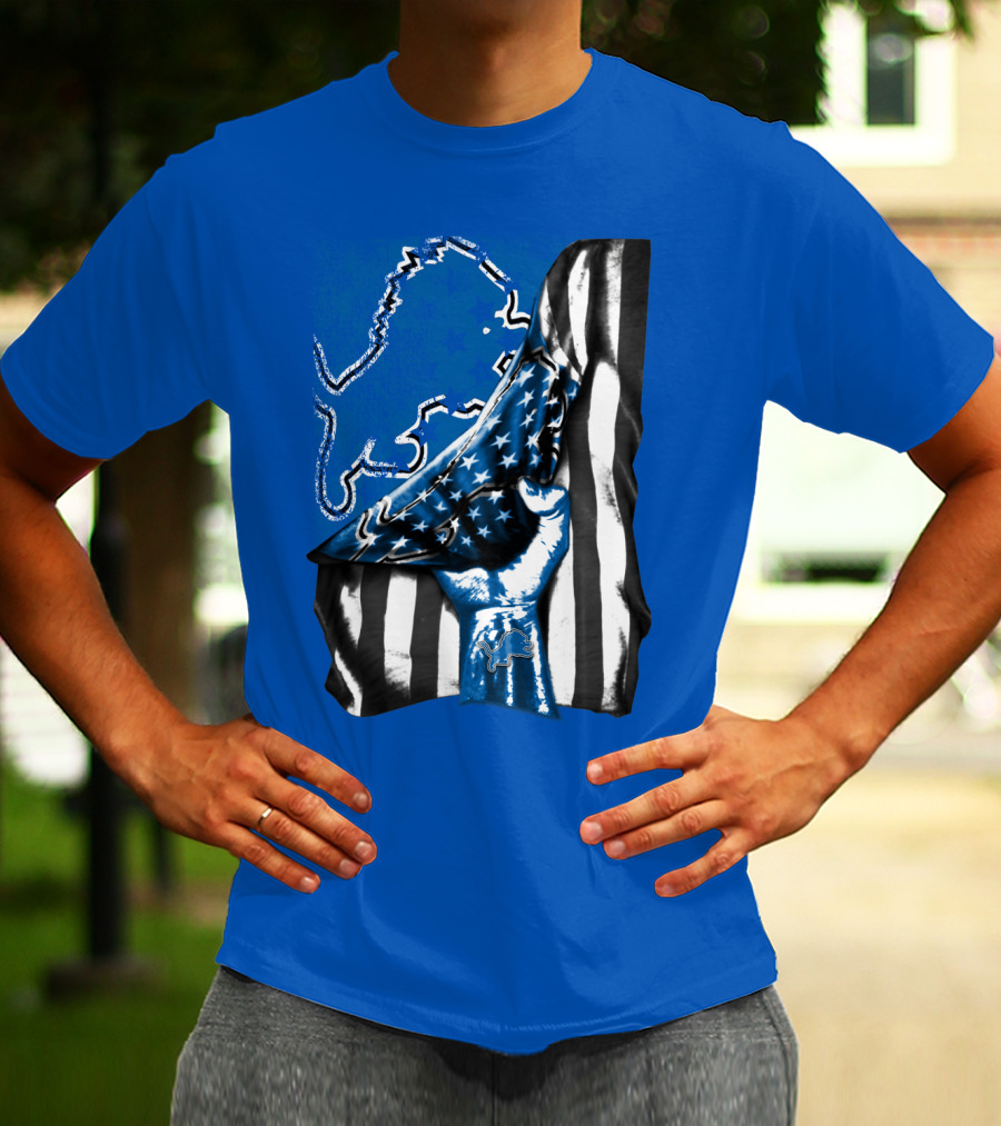 Detroit Lions Blue Lion Silhouette With American Flag Fist On Blue T-Shirt