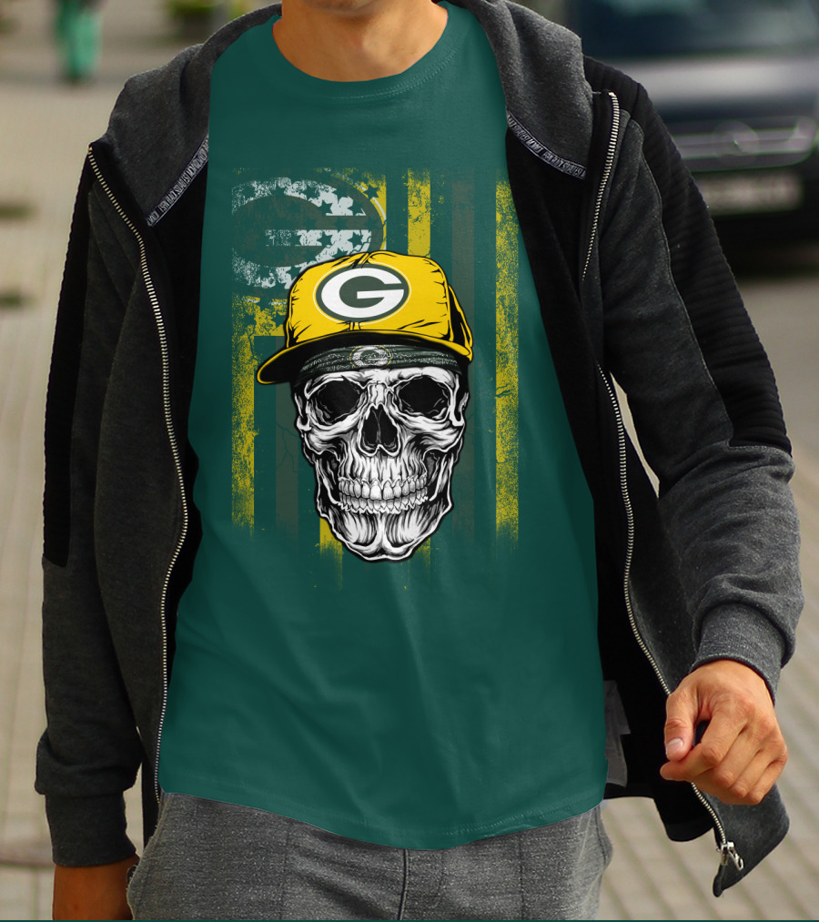 Green Bay Packers Skull With Cap And Distressed Flag T-Shirt