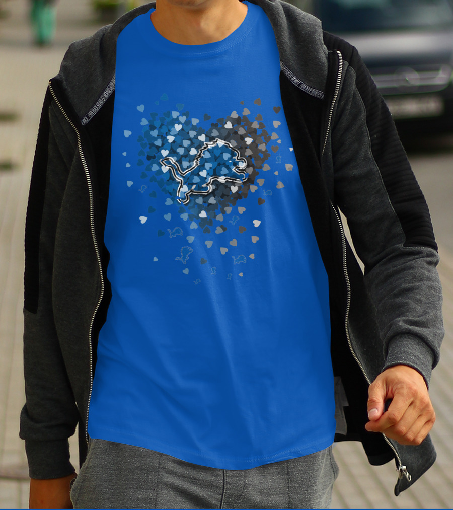 Detroit Lions Heart Shape Blue And White Logo With Hearts T-Shirt