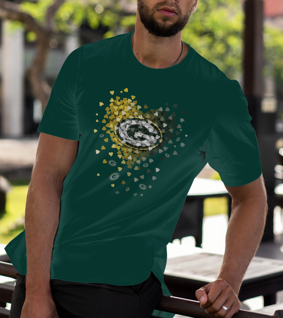 Green Bay Packers Heart Logo With Golden Hearts And Green T-Shirt