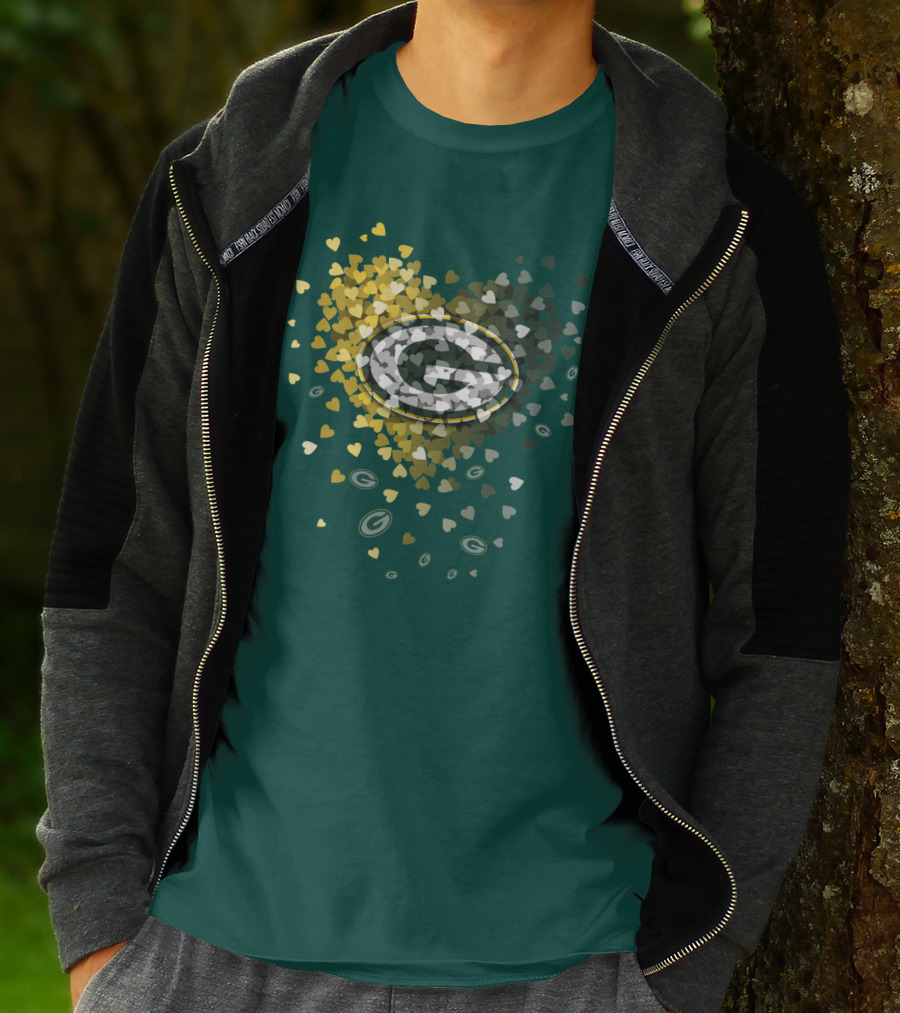Green Bay Packers Heart Logo With Golden Hearts And Green T-Shirt