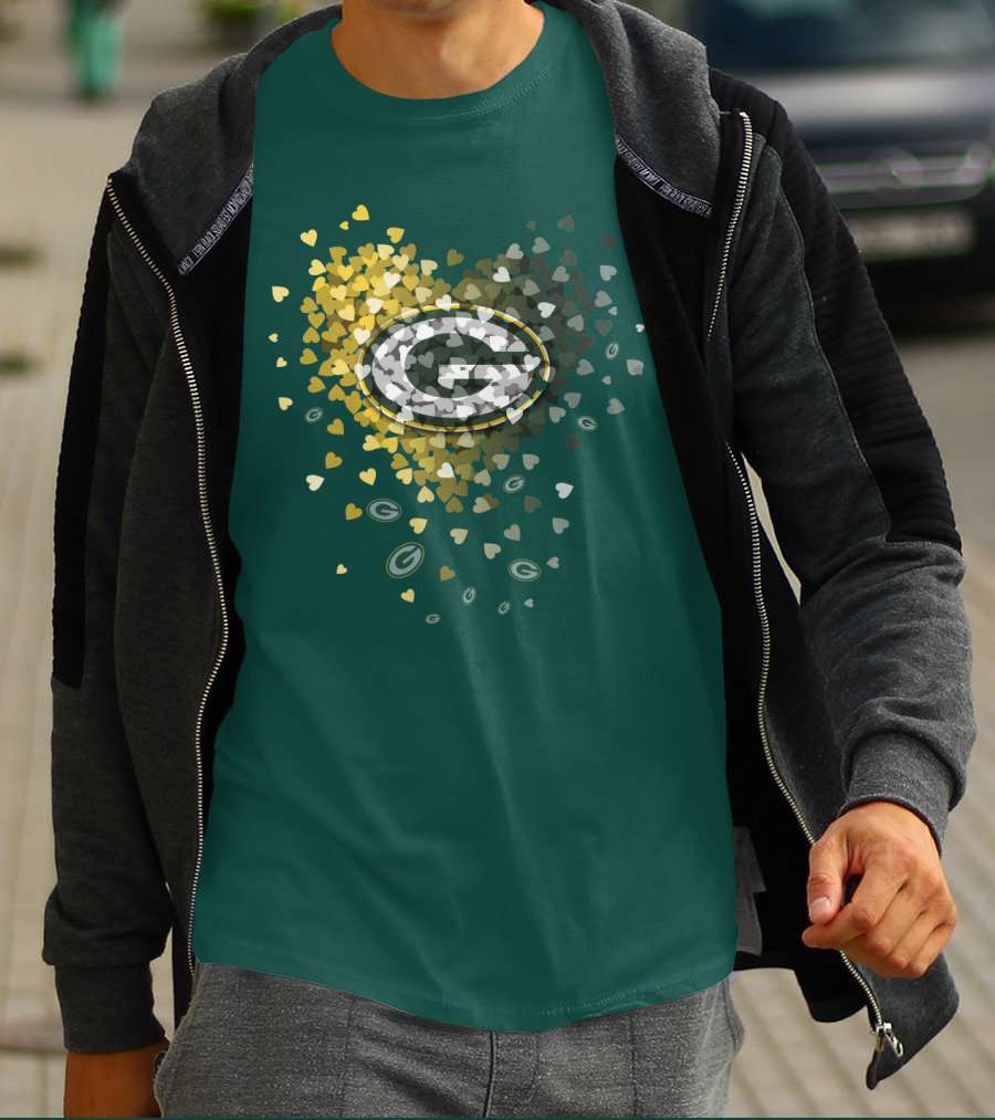 Green Bay Packers Heart Logo With Golden Hearts And Green T-Shirt