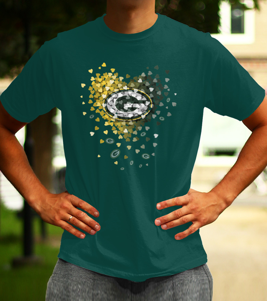 Green Bay Packers Heart Logo With Golden Hearts And Green T-Shirt