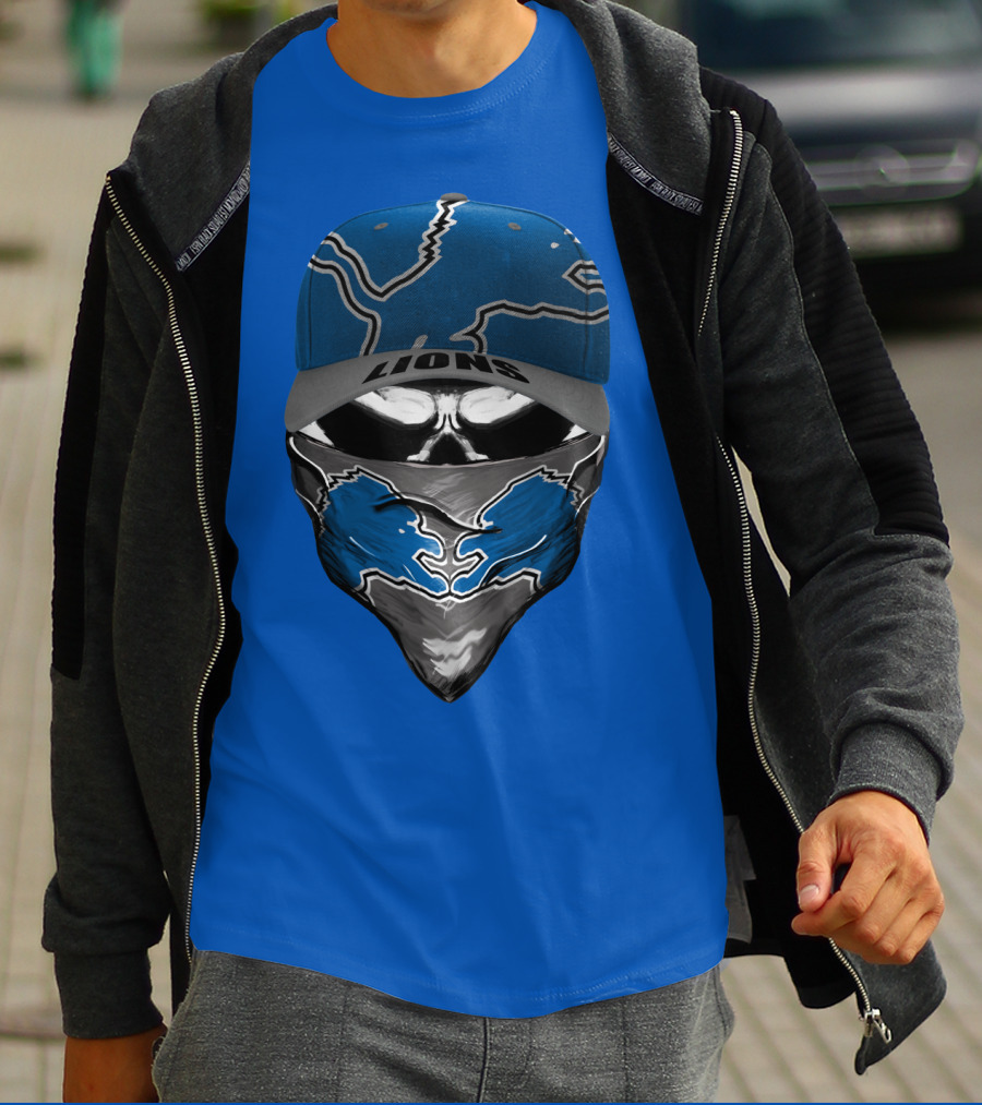Detroit Lions Skull Bandana And Cap With Team T-Shirt