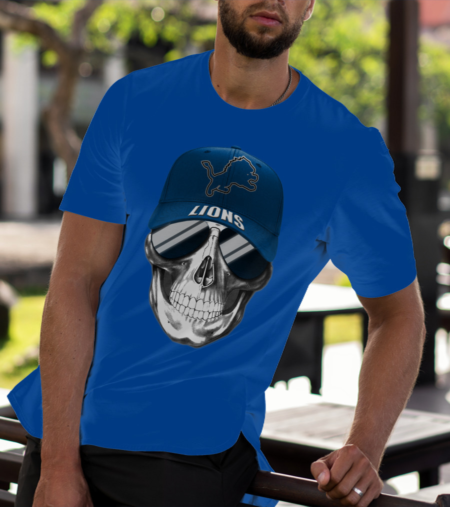 Detroit Lions Skull With Blue Cap And Sunglasses T-Shirt