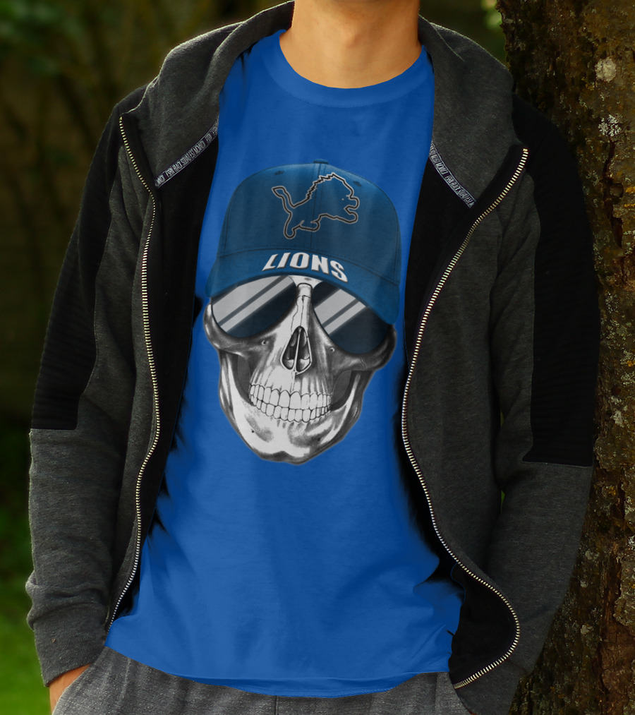 Detroit Lions Skull With Blue Cap And Sunglasses T-Shirt