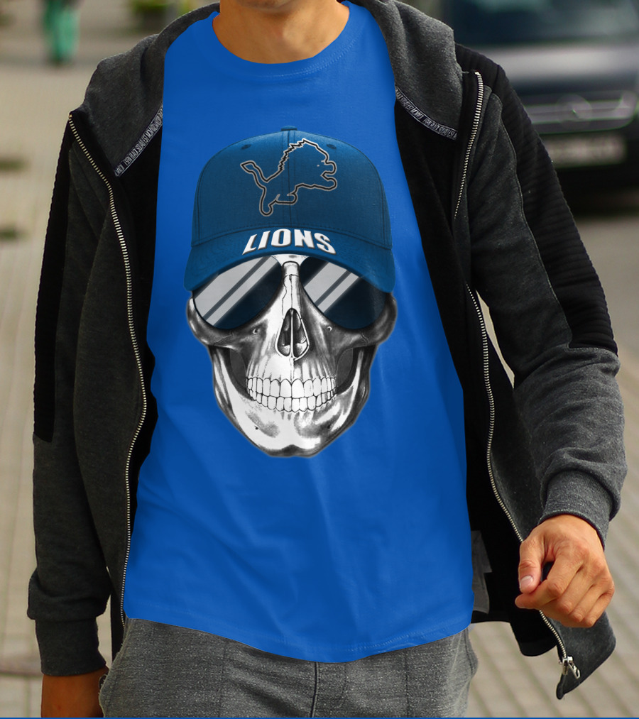 Detroit Lions Skull With Blue Cap And Sunglasses T-Shirt
