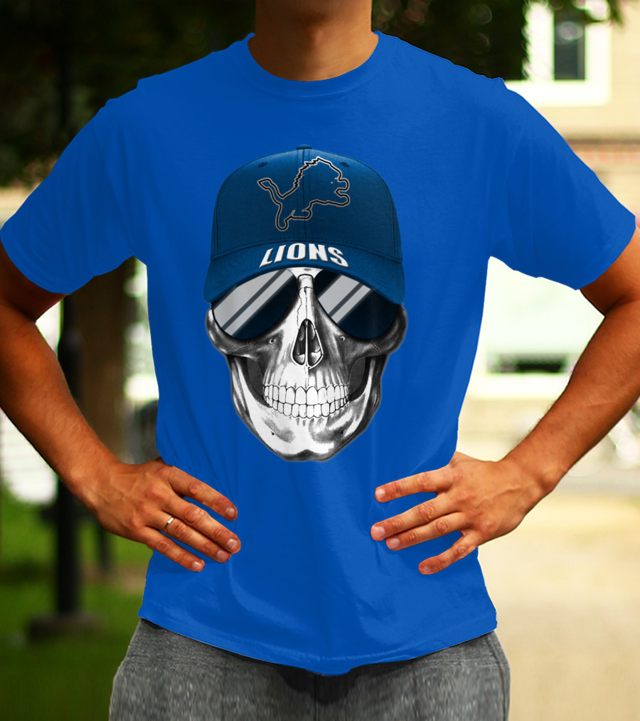 Detroit Lions Skull With Blue Cap And Sunglasses T-Shirt