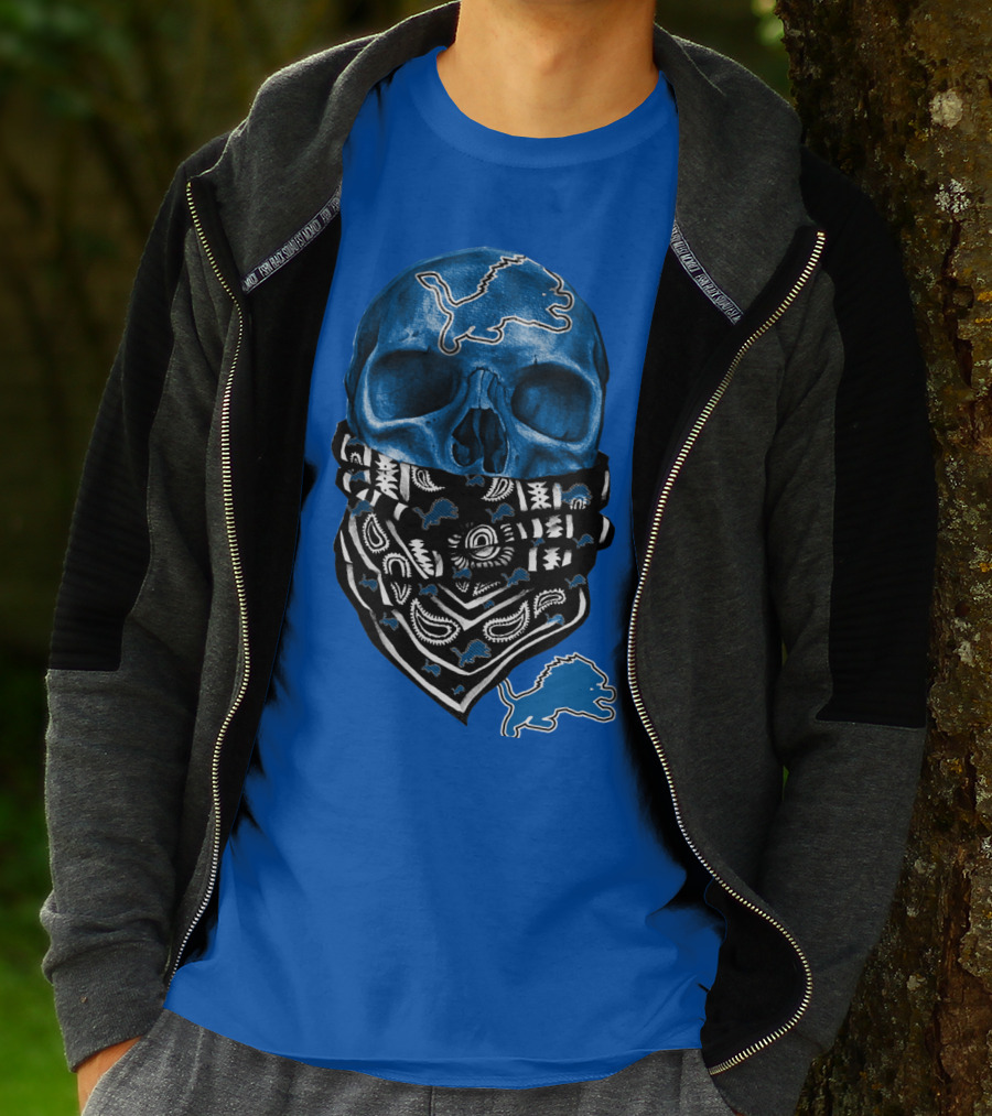 Detroit Lions Blue Skull Bandana Icon With Nfl Team T-Shirt