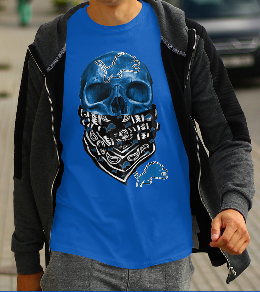 Detroit Lions Blue Skull Bandana Icon With Nfl Team T-Shirt