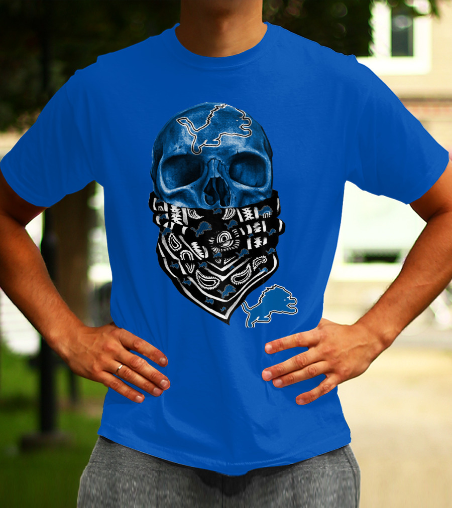 Detroit Lions Blue Skull Bandana Icon With Nfl Team T-Shirt