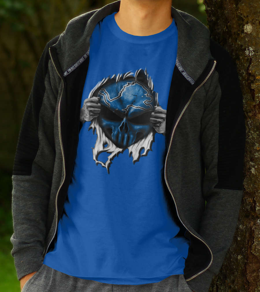 Detroit Lions Skull Design Blue Ripped Background T-Shirt