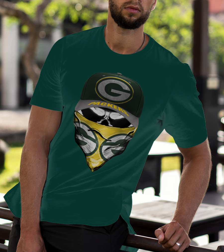 Green Bay Packers G Cap And Bandana Face Skull T-Shirt