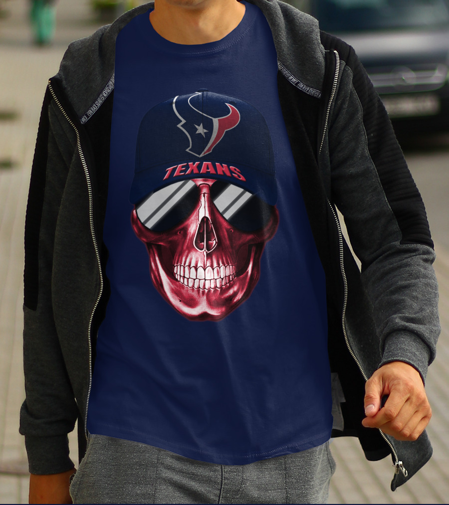 Houston Texans Skull With Cap And Sunglasses T-Shirt