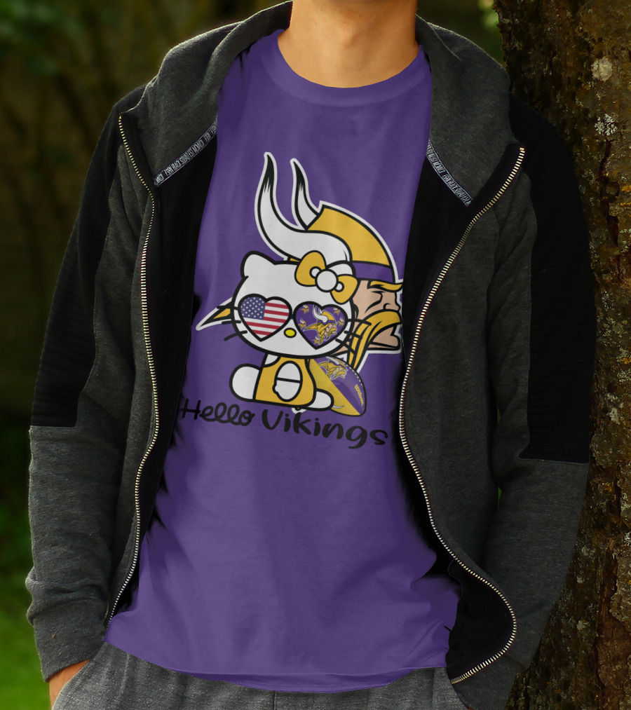 Hello Vikings Minnesota Vikings Fan Art Purple Football Kitty T-Shirt