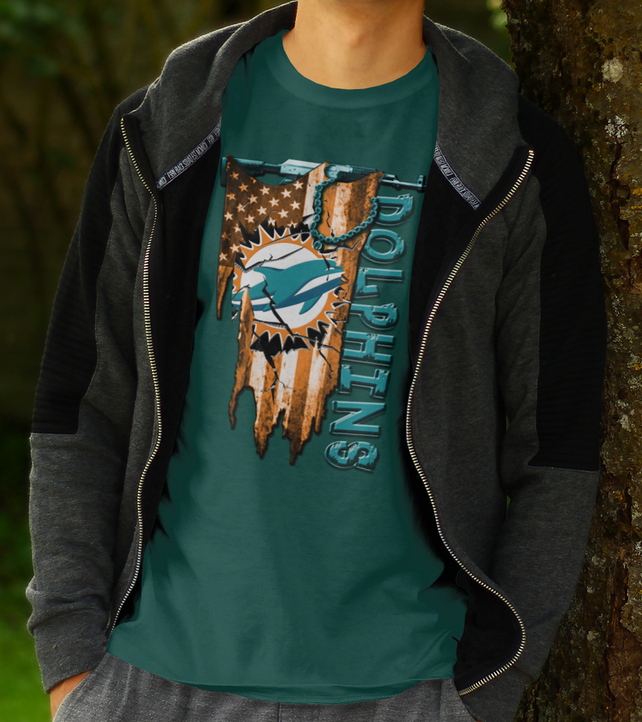 Miami Dolphins Flag And Logo Style With Stars And Stripes T-Shirt