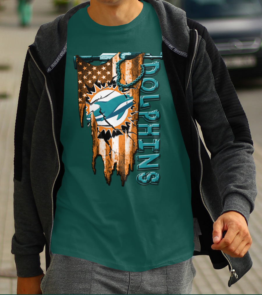 Miami Dolphins Flag And Logo Style With Stars And Stripes T-Shirt