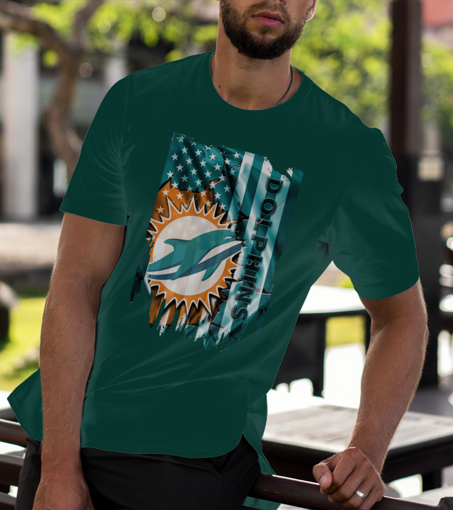 Miami Dolphins American Flag Sunburst Ocean Wave T-Shirt