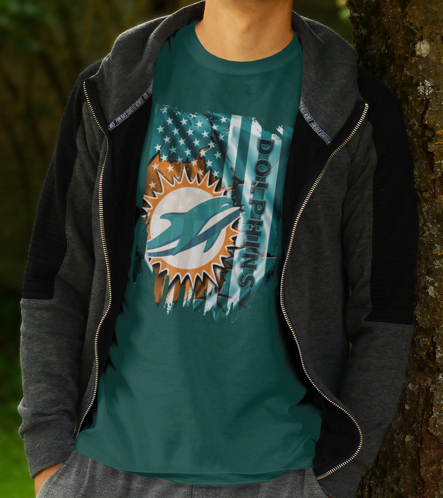 Miami Dolphins American Flag Sunburst Ocean Wave T-Shirt
