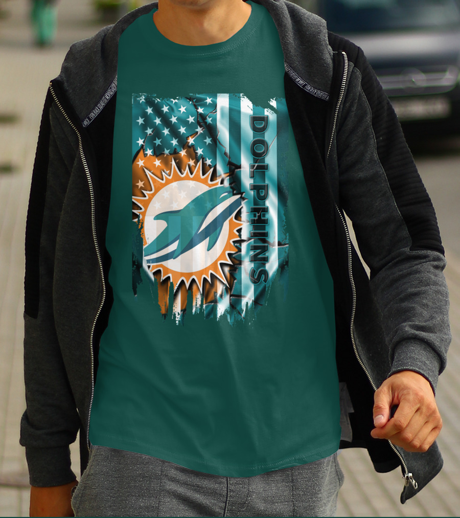Miami Dolphins American Flag Sunburst Ocean Wave T-Shirt