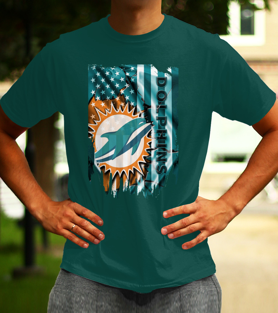 Miami Dolphins American Flag Sunburst Ocean Wave T-Shirt