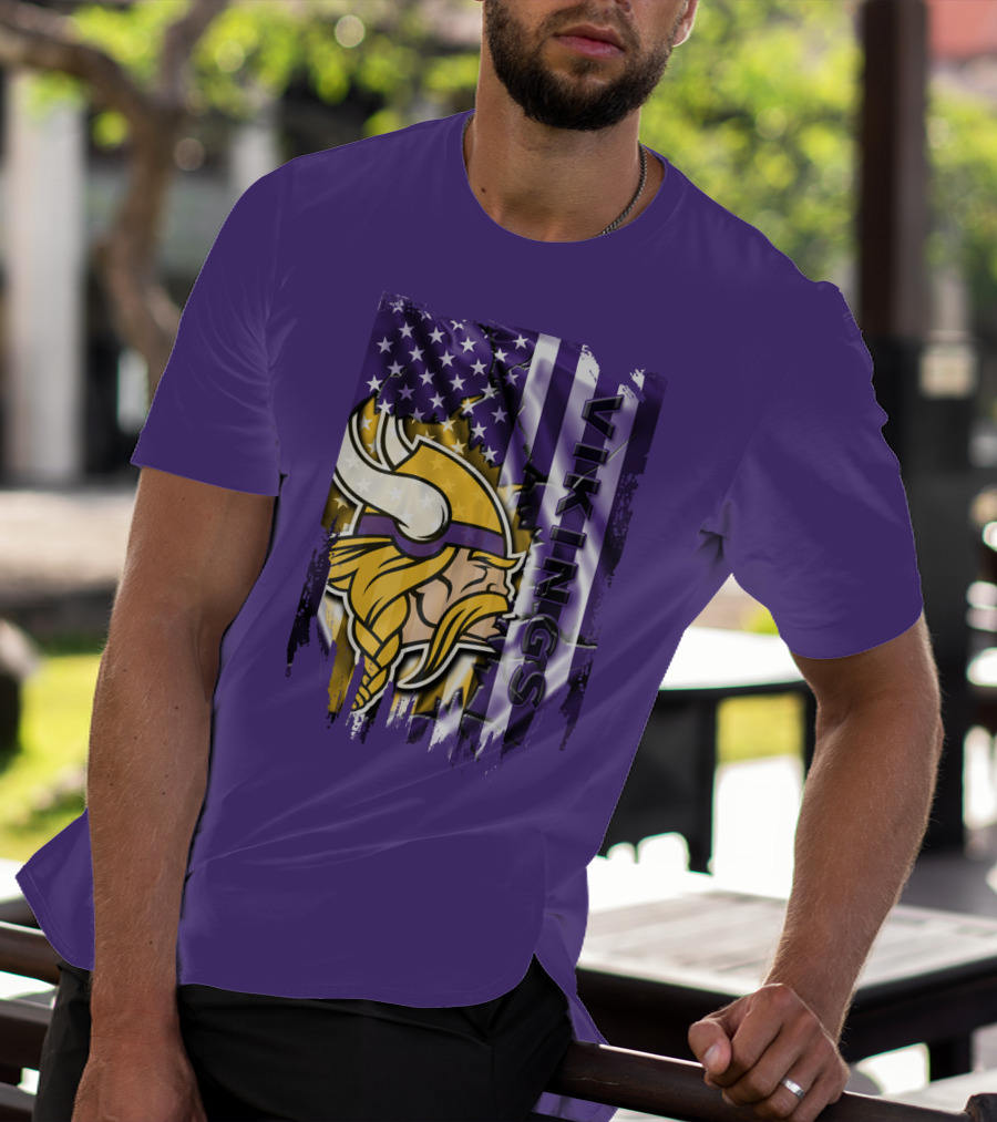 Minnesota Vikings American Flag Stars Stripes Purple Gold Viking Head T-Shirt