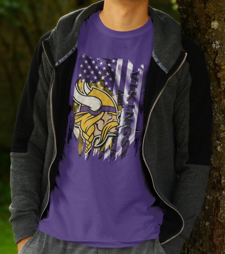 Minnesota Vikings American Flag Stars Stripes Purple Gold Viking Head T-Shirt