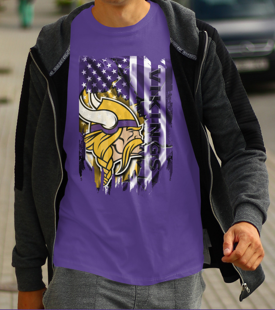 Minnesota Vikings American Flag Stars Stripes Purple Gold Viking Head T-Shirt
