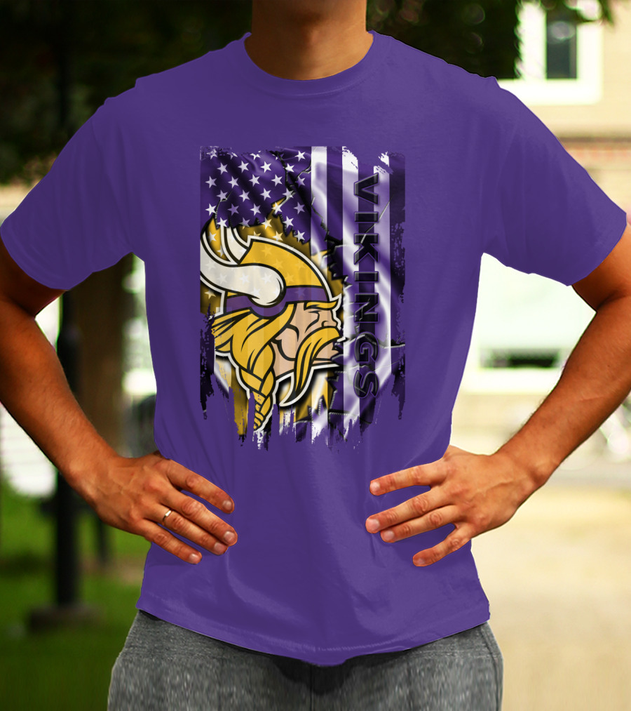 Minnesota Vikings American Flag Stars Stripes Purple Gold Viking Head T-Shirt
