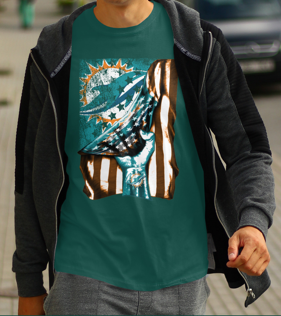Miami Dolphins American Flag Hand Holding T-Shirt