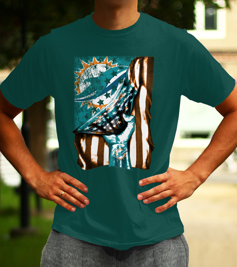 Miami Dolphins American Flag Hand Holding T-Shirt