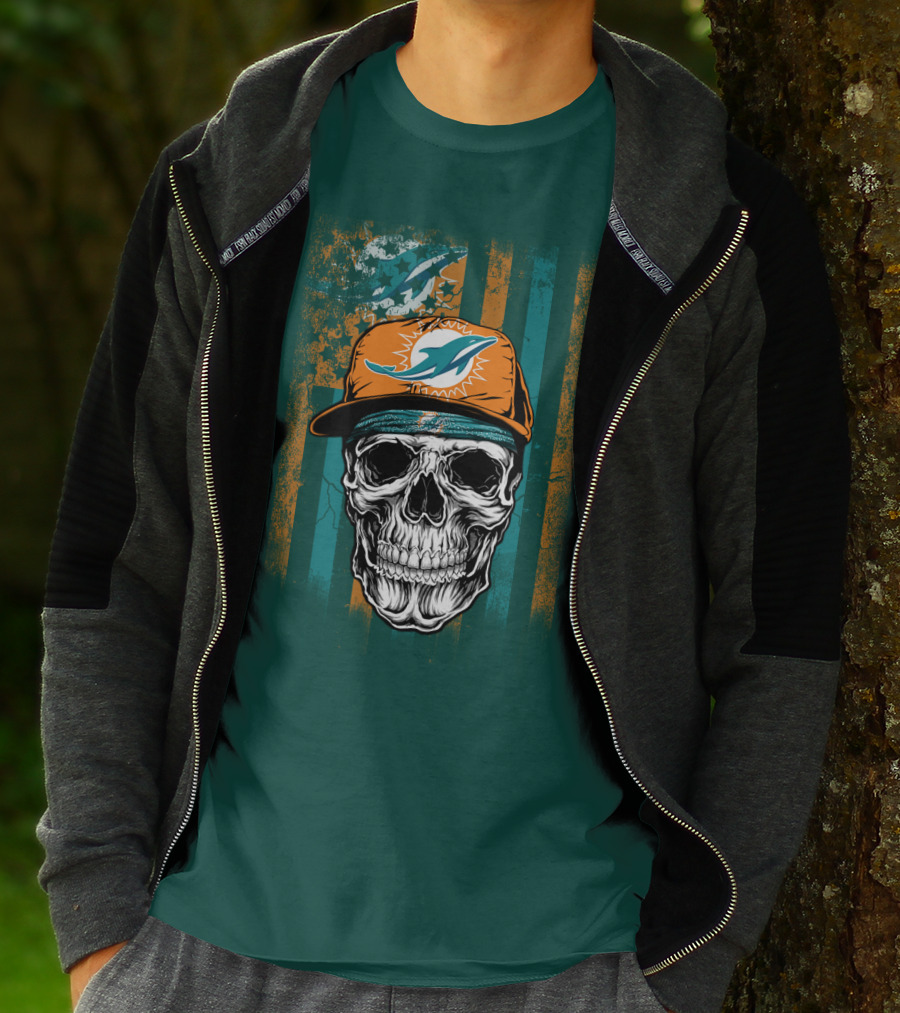 Miami Dolphins Skull With Cap And Logo In Orange And Teal Grunge Style T-Shirt