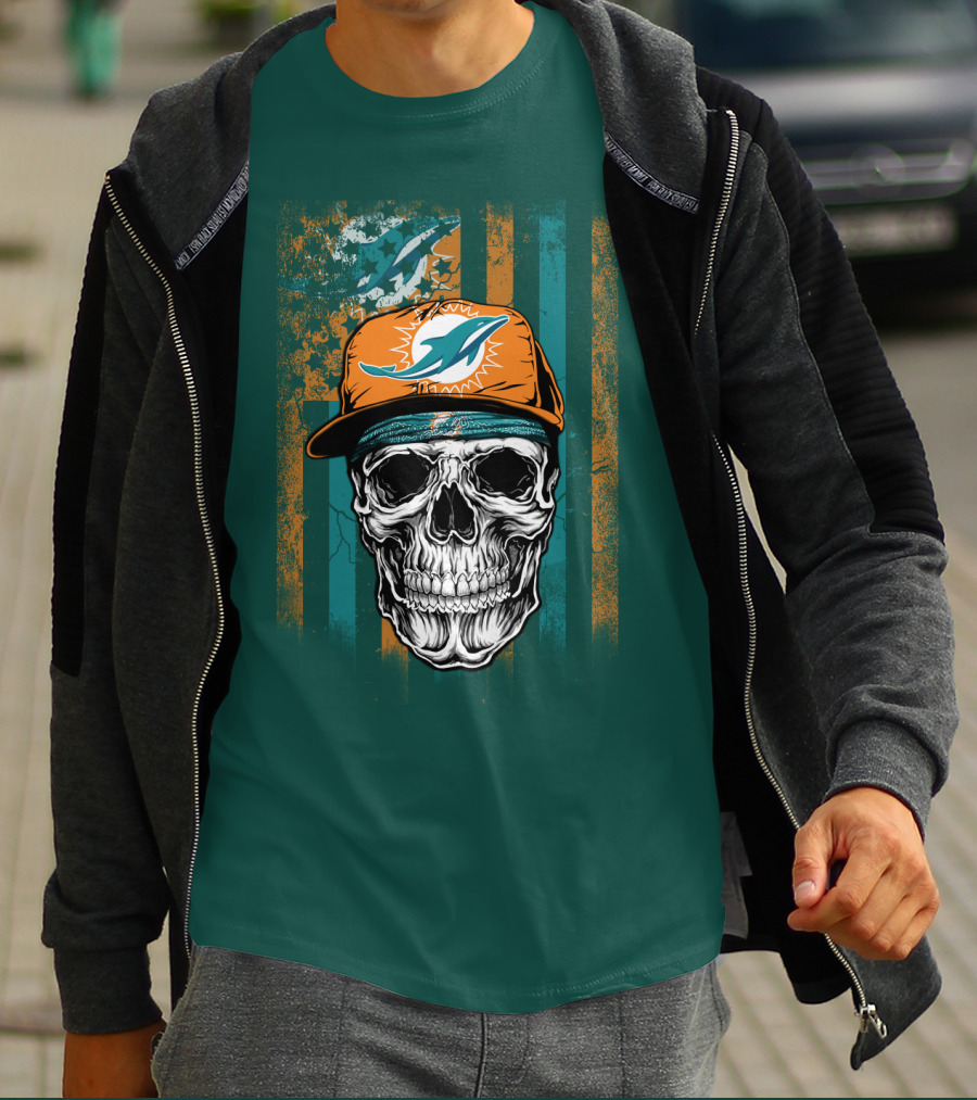 Miami Dolphins Skull With Cap And Logo In Orange And Teal Grunge Style T-Shirt