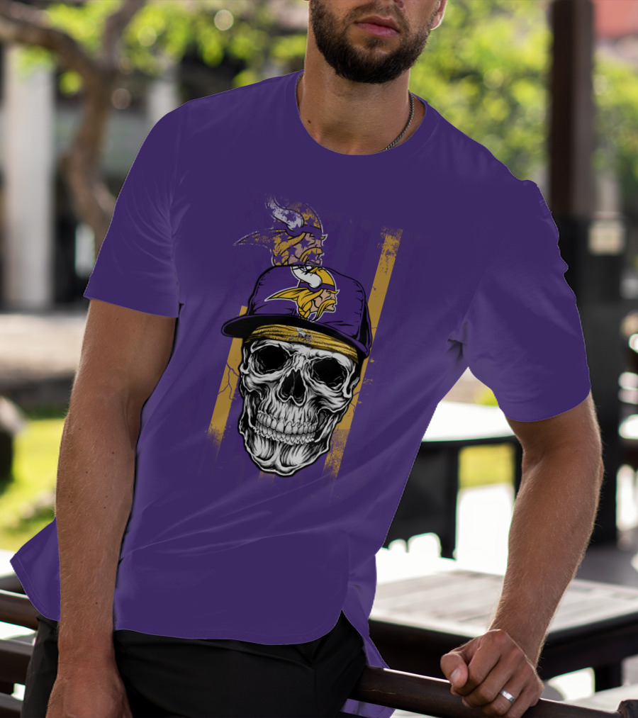 Minnesota Vikings Skull With Cap And Logo On Purple T-Shirt