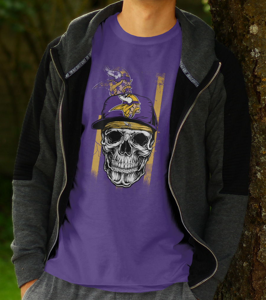 Minnesota Vikings Skull With Cap And Logo On Purple T-Shirt