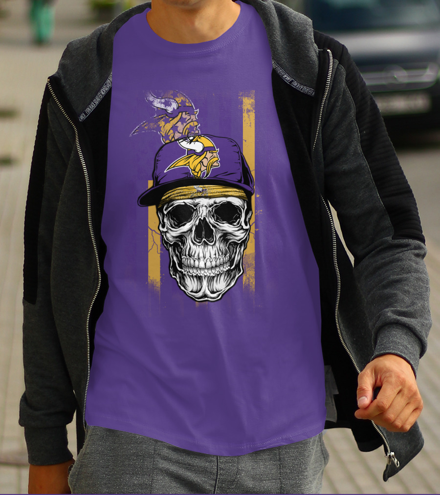 Minnesota Vikings Skull With Cap And Logo On Purple T-Shirt