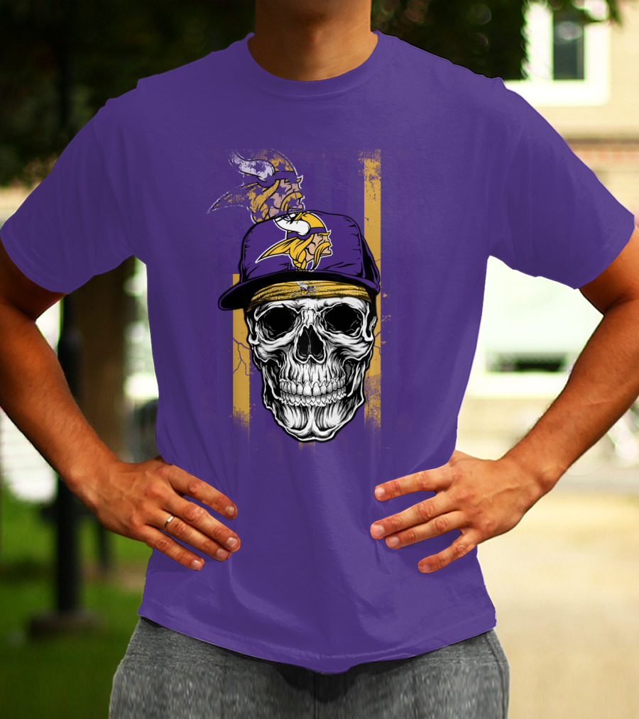 Minnesota Vikings Skull With Cap And Logo On Purple T-Shirt