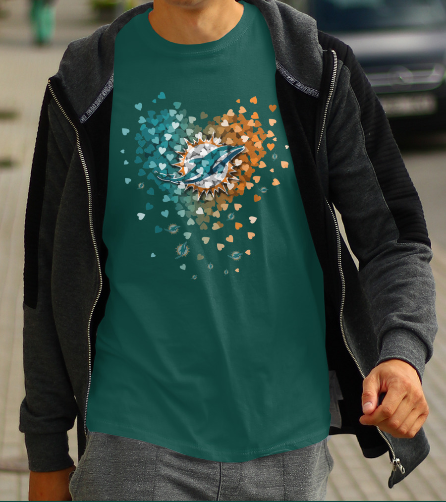 Miami Dolphins Heart Logo With Multicolor Hearts T-Shirt