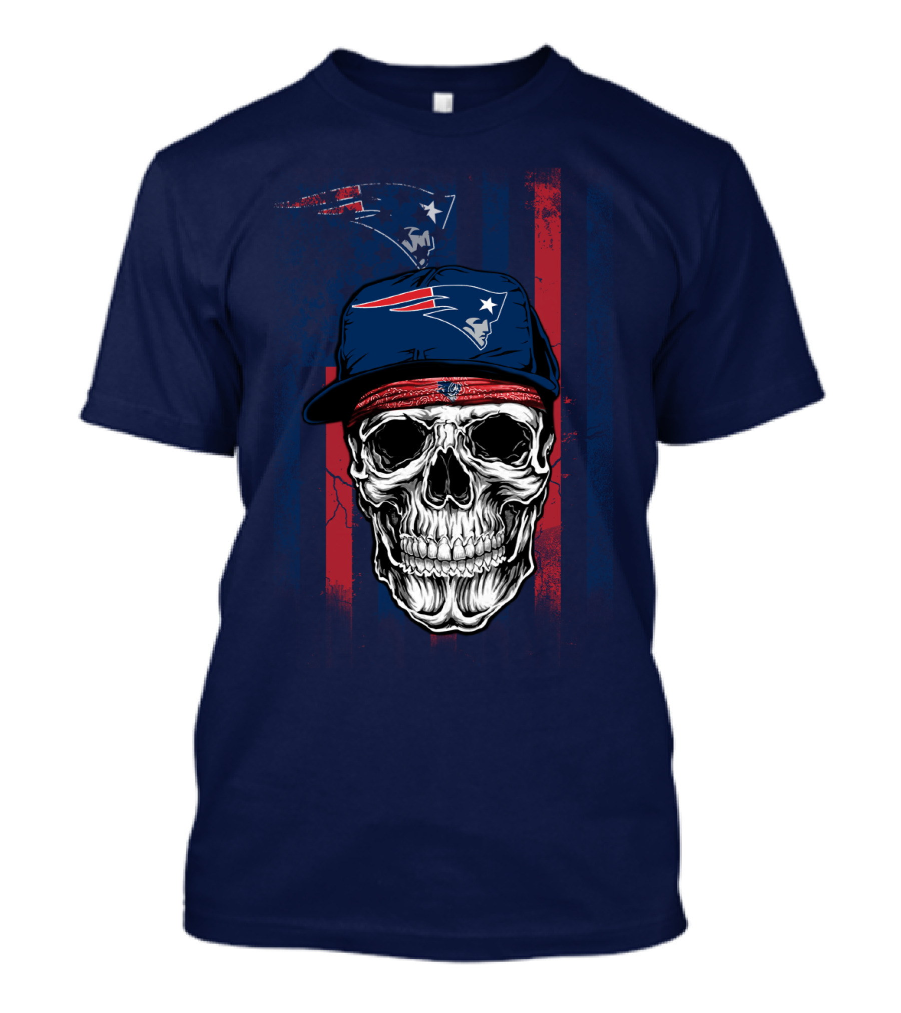 New England Patriots Skull With Cap And Red Blue Stripes T-Shirt