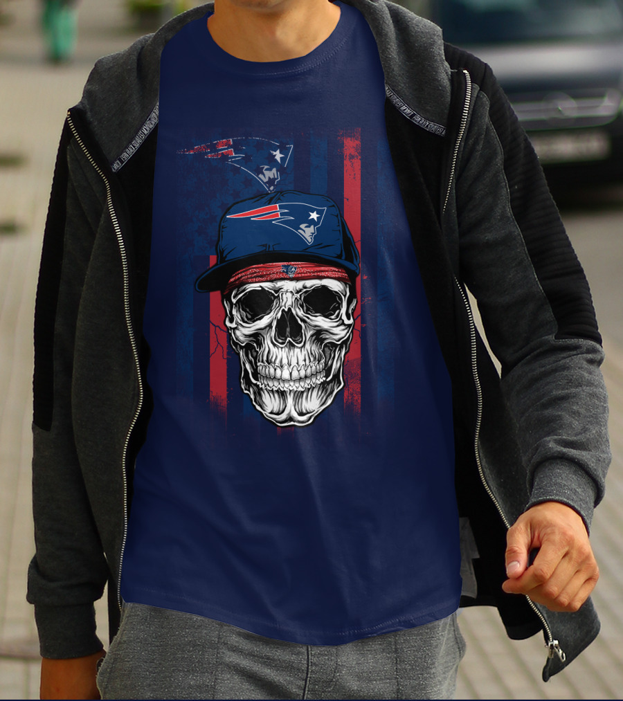 New England Patriots Skull With Cap And Red Blue Stripes T-Shirt