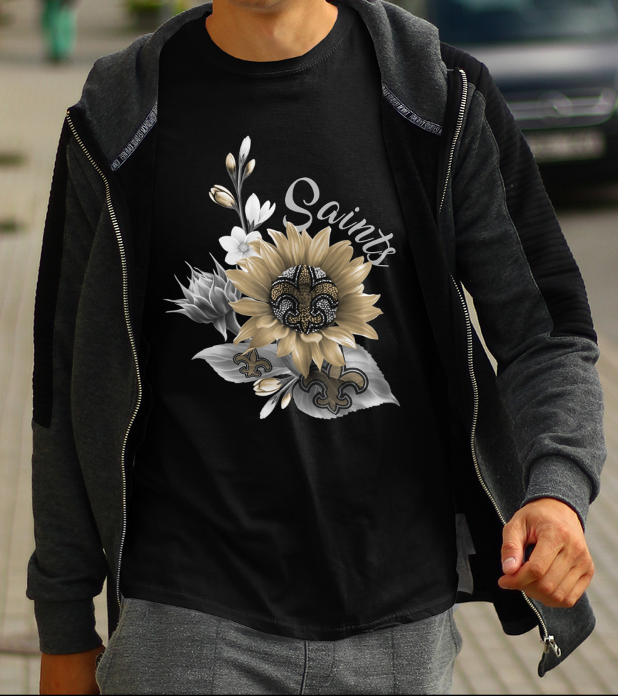 Saints Black And Gold Fleur-De-Lis Floral T-Shirt