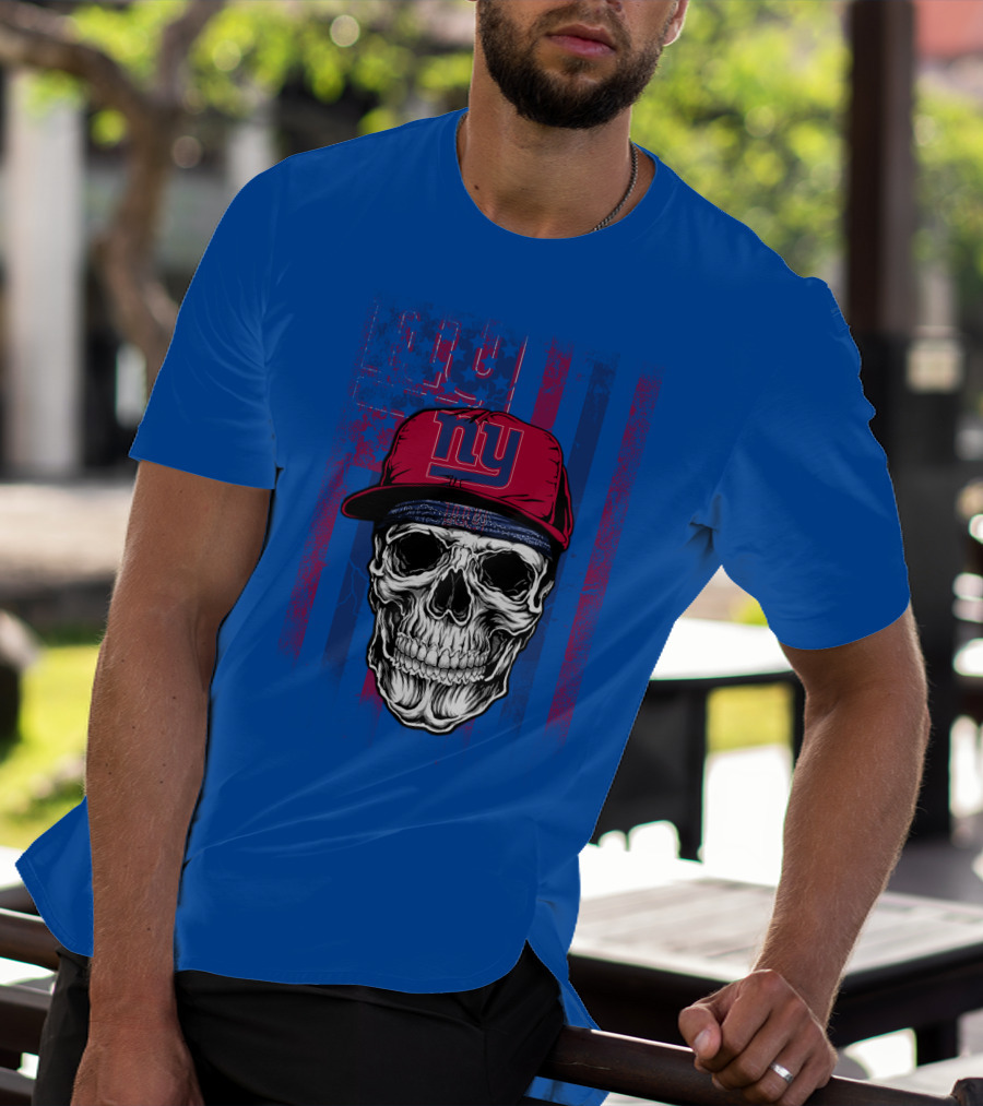 Ny Giants Skull With Red Cap On Blue T-Shirt