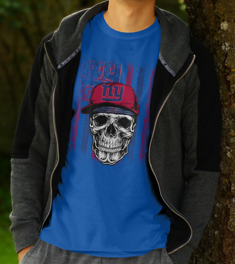 Ny Giants Skull With Red Cap On Blue T-Shirt