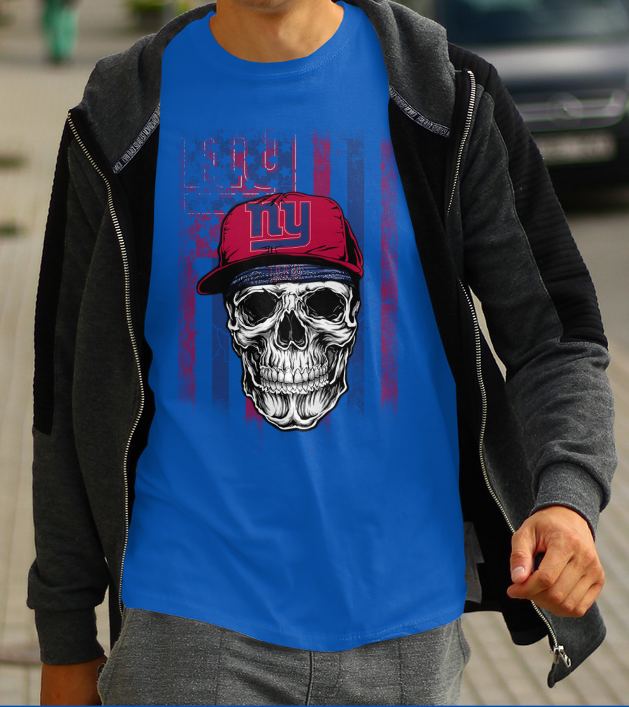 Ny Giants Skull With Red Cap On Blue T-Shirt