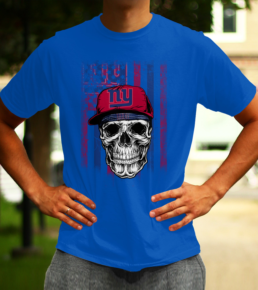 Ny Giants Skull With Red Cap On Blue T-Shirt
