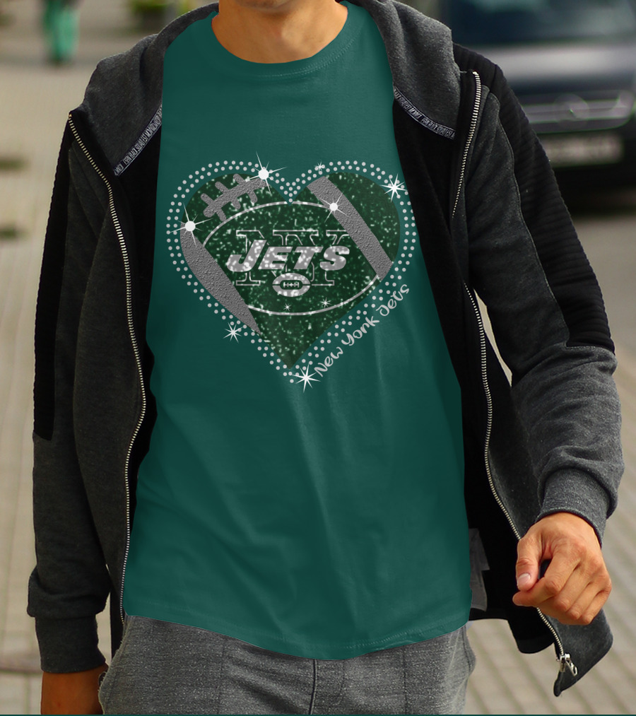 New York Jets Heart Football Sparkle T-Shirt
