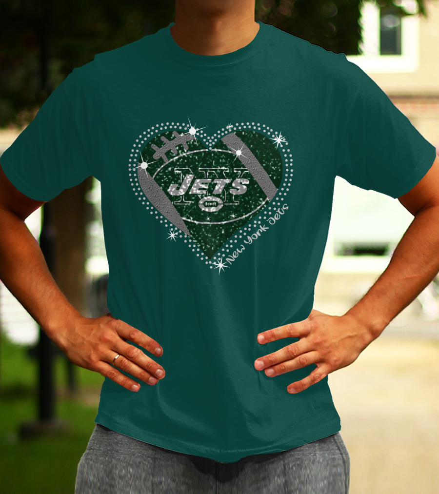 New York Jets Heart Football Sparkle T-Shirt